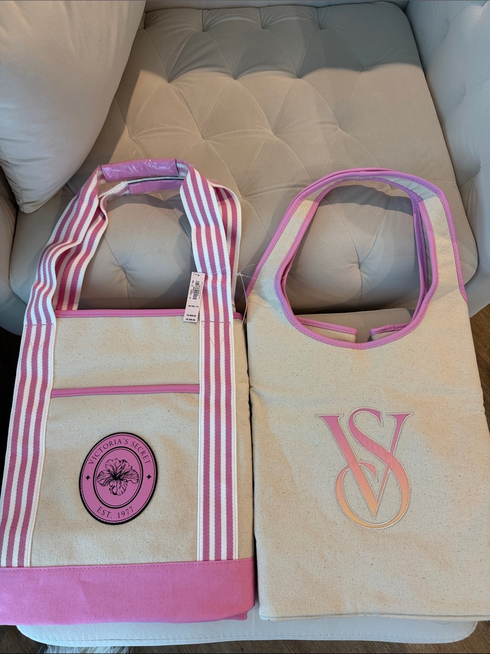 New Never Used - Two Victoria's Secret Beige Canvas Tote Pair with Pink Trim